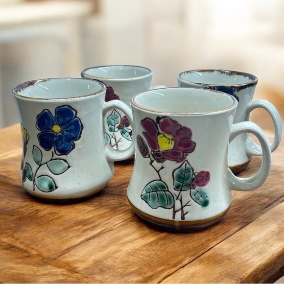 Other - Vintage Retro Stoneware Glazed Mugs With Floral Motif Set Of 4 Made In Korea